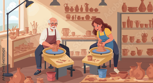 Two People Working on Pottery Wheels in Studio.
