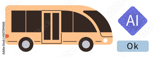 Autonomous electric bus with sleek design, AI emblem, and Ok label, symbolizing smart technology, transport innovation, and safety. Ideal for technology, AI, mobility automation energy approval