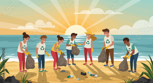 Volunteers Cleaning Beach Collecting Trash Promoting Environmental Conservation.