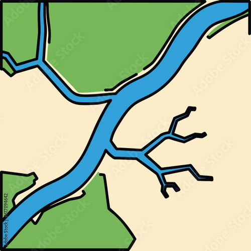A stylized cartoon map illustration of a branching river delta system.