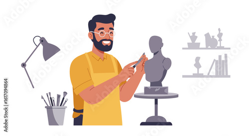 Smiling Sculptor Working on a Bust with Tools.