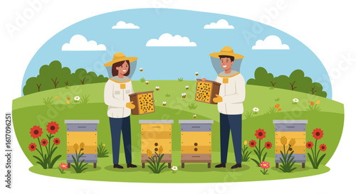 Two Beekeepers Inspecting Honeycomb Frames in Field.