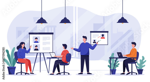 Team Training Session with Presentation Boards and Laptops.