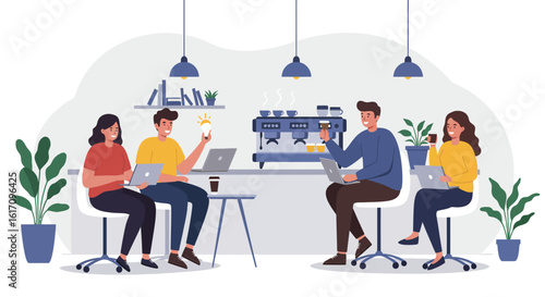 People Working Together in Modern Coffee Shop.