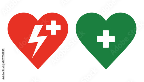 Heart with Lightning and Cross: Medical, Emergency, AED, and Healthcare Icons