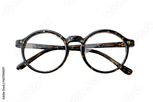 Close-up of round eyeglasses with tortoise shell pattern