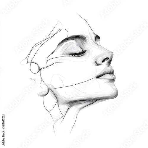 Serene Graphite Portrait: Dreamy Woman in Minimalist Line Art