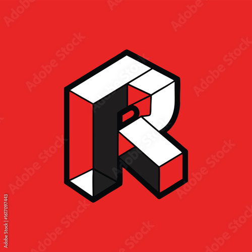 Isometric Letter R with Black Outline on Red Background.