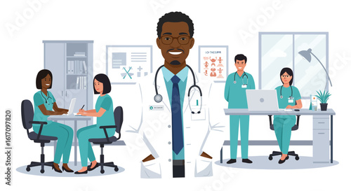 Smiling Black Doctor with Stethoscope and White Coat.