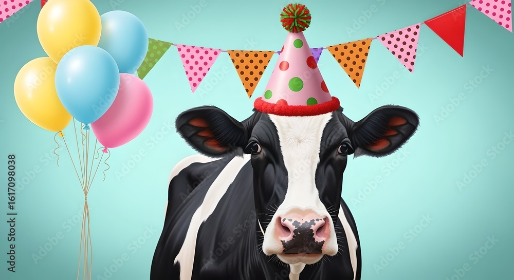 Naklejka premium Festive Cow Wearing Pink Party Hat with Balloons and Bunting on Light Blue Background