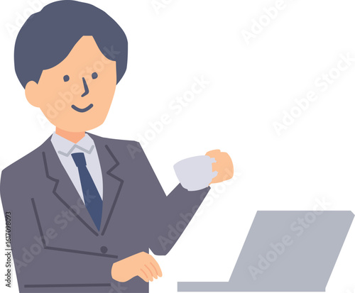 コーヒーを飲みながら仕事をするビジネスマンのイラスト