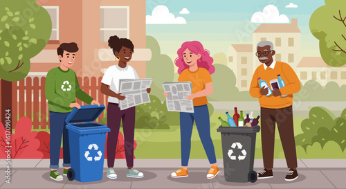 People Recycling Waste in Community Environment Illustration.