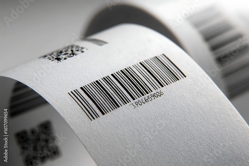 CloseUp of Thermal Paper Roll with Barcode and QR Code Printout Detail