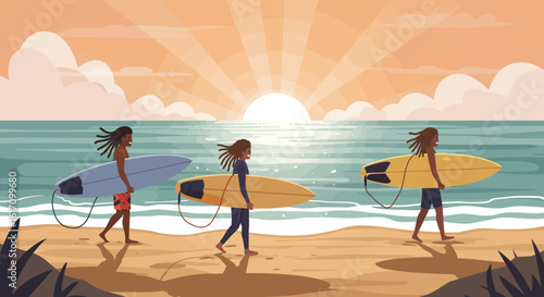 Surfers Walking on Beach with Surfboards at Sunset.