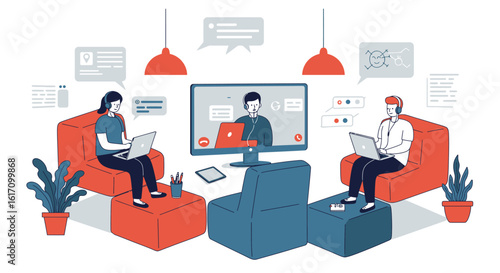 People in Video Conference Call Using Laptops.