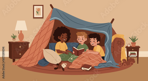Three Children Reading Inside a Cozy Fort.