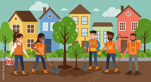 Community Volunteers Planting Trees in Neighborhood Illustration.