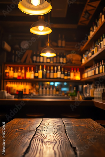 A close-up, low-perspective view of a dark, textured wooden tabletop, with its distinct grain and cracks prominently visible. The background is completely out of focus, transformed into a dreamy array
