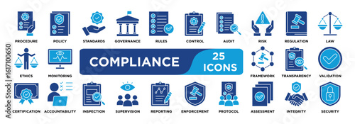compliance icon collection set. Containing regulation,policy,standards,governance,rules,control,audit,risk,procedure,law icon. dual tone vector.	
