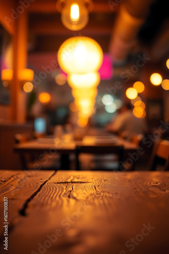 An atmospheric shot from a low vantage point on a textured wooden table, looking towards a bar or pub area. Three overhead pendant lights cast warm pools of light. The background features numerous she