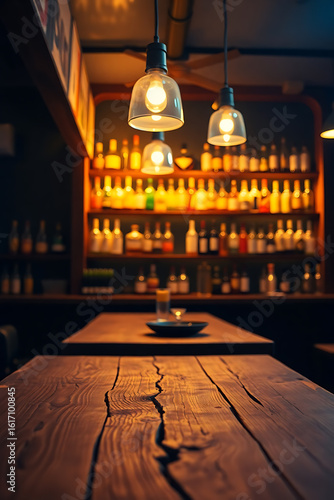 A cinematic perspective looking down a long, dark rustic wooden table, possibly in a bar or restaurant setting. Three clear glass pendant lights with warm bulbs hang overhead. In the soft-focus backgr
