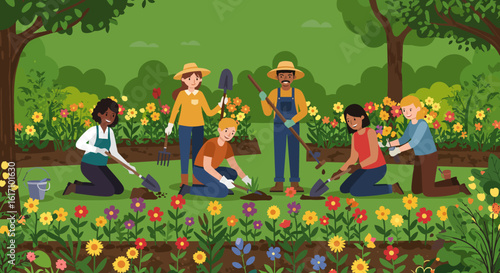 Group of People Gardening Together in a Garden.