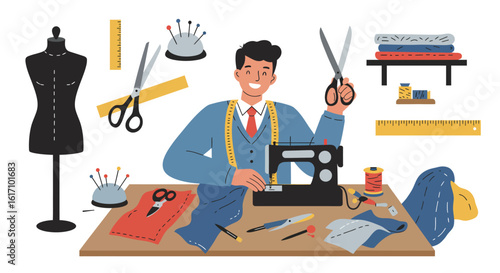 Cheerful Tailor Working with Sewing Machine and Tools.