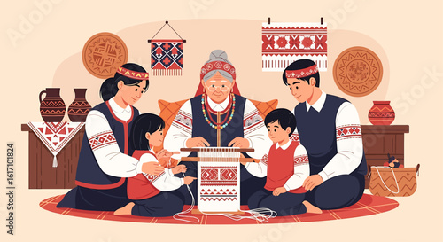 A multi-generational family preserving cultural heritage through traditional loom weaving