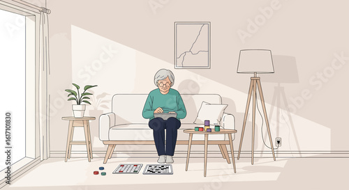 Connected senior lifestyle elderly woman using tablet in a bright, modern living room