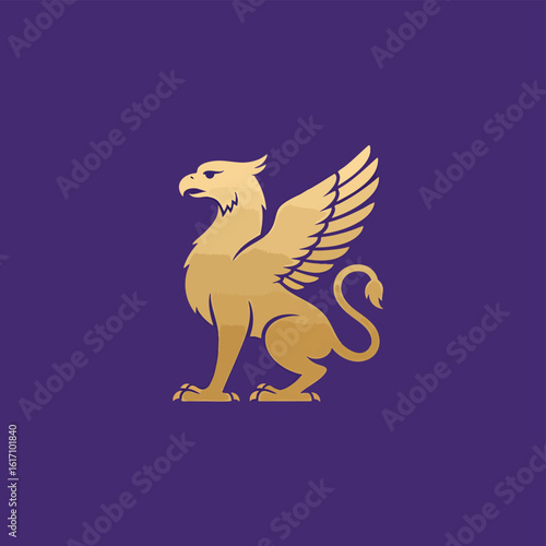 Regal gold griffin a legendary creature with eagle wings and a lions body.