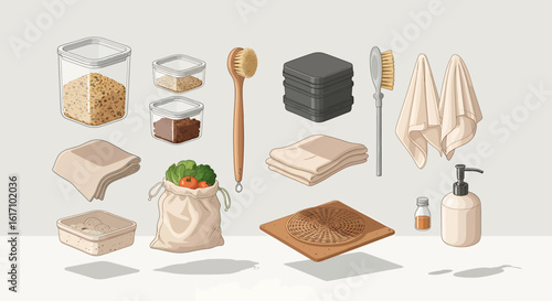 Sustainable home essentials collection for an environmentally conscious lifestyle, reducing waste