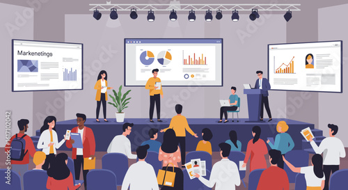 Business Presentation with Audience and Speakers on Stage.