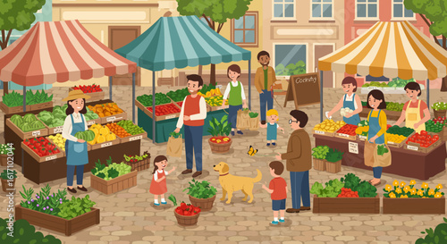 Colorful Illustration of a Busy Outdoor Farmers Market.