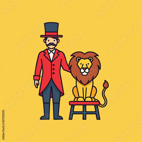 Circus Ringmaster with a Lion on a Stool.