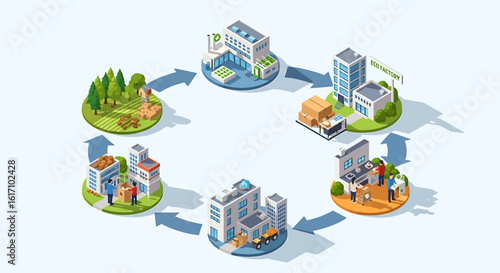 Isometric infographic of the supply chain process in a circular economy.