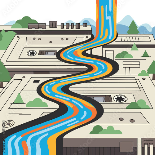 Abstract Landscape of Retro Audio Cassette Tapes with Vibrant Flowing River.
