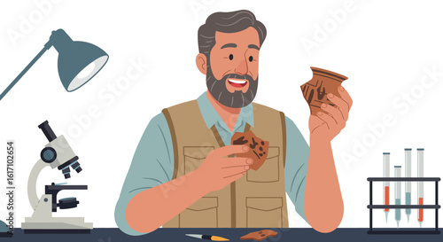 Smiling Archaeologist Examining Ancient Pottery Fragments in Lab.