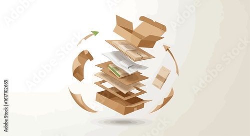 Conceptual illustration of a circular economy with paper and cardboard packaging