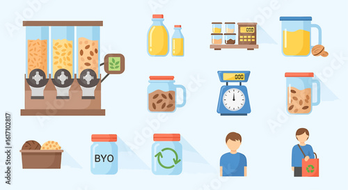 Sustainable shopping concept. Zero waste lifestyle with bulk food dispensers and reusable containers.