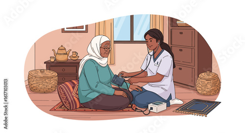 Compassionate nurse checking the blood pressure of an elderly woman during a home visit