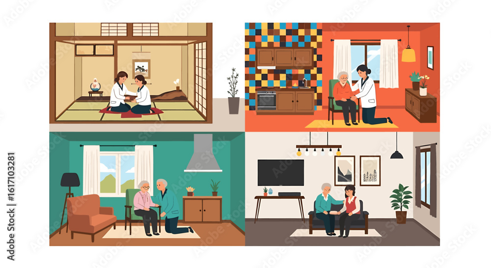Elderly care assistance concept with caregivers supporting senior people in their homes collection. Elderly care assistance concept with caregivers supporting senior people in their homes collection.
