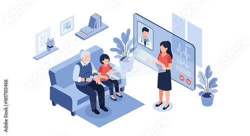 Virtual healthcare at home with a doctor consulting an elderly man and grandson online