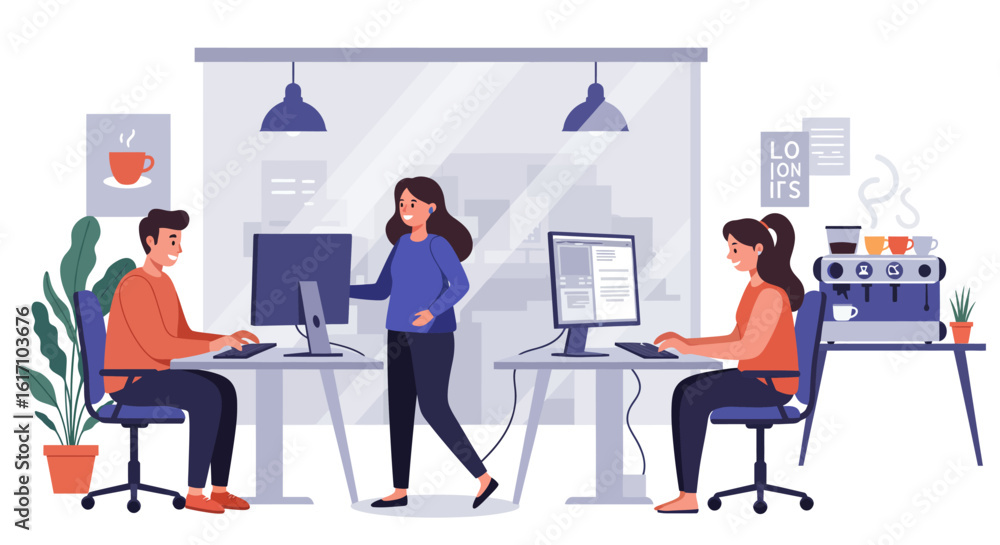 Obraz premium Modern Office Scene Depicting Team Working Together.