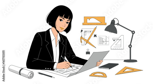 Architect Woman Working on Architectural Blueprint Design.