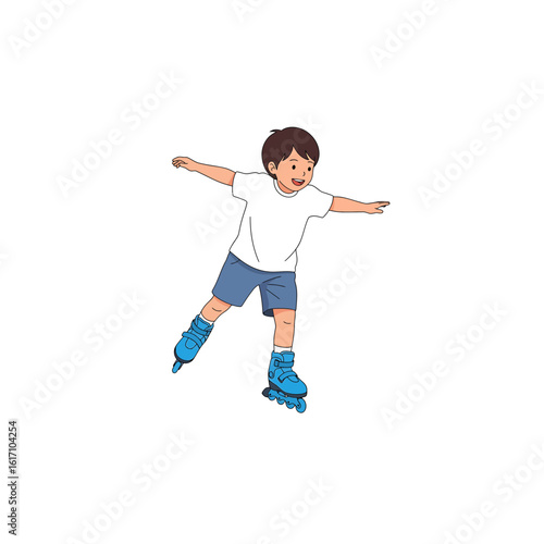 Happy little boy enjoying rollerblading with arms outstretched. Vector illustration of a child on inline skates.
