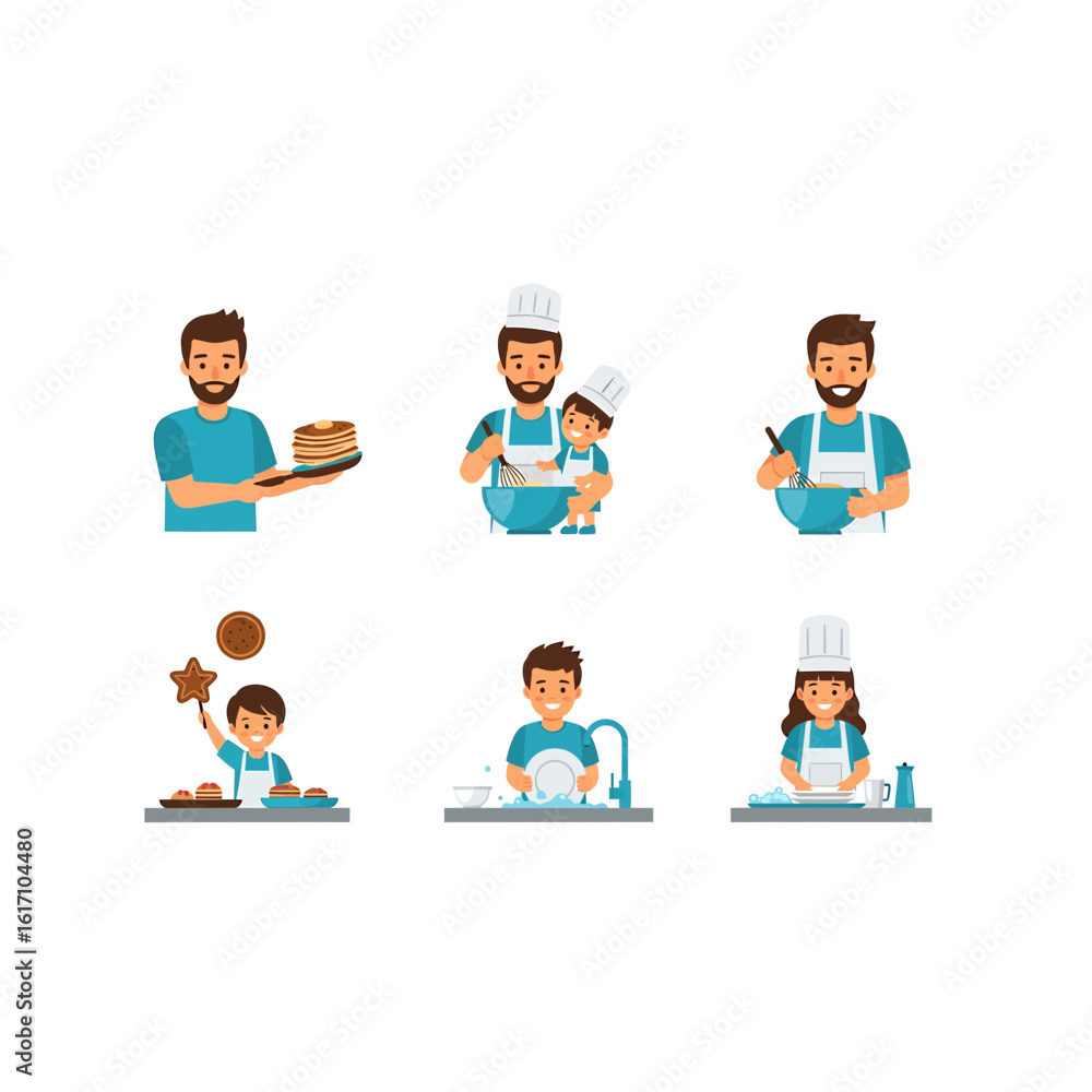Father and children characters cooking in the kitchen. Vector illustration set of a family baking and bonding. Father and children characters cooking in the kitchen. Vector illustration set of a family baking and bonding.