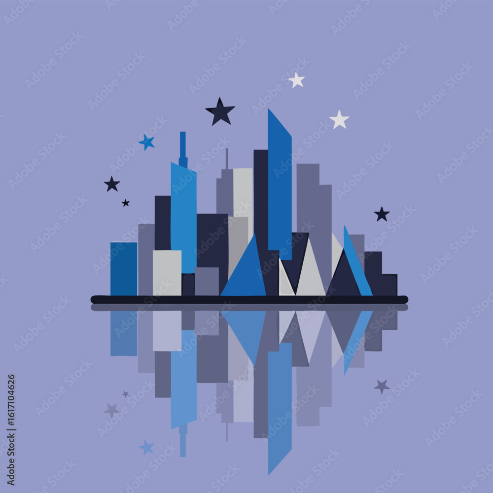 Fototapeta premium Stylized geometric city skyline at night with stars and water reflection.