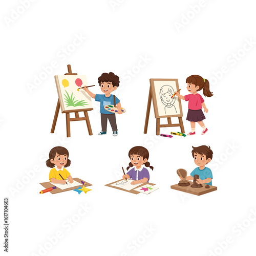 Creative children in art lesson. Boys and girls painting, drawing portraits, and sculpting clay. Flat cartoon vector set.