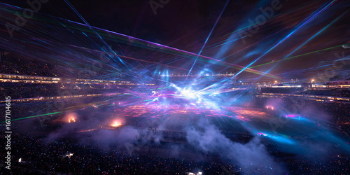 people watching drones form animated shapes above a stadium surrounded by lasers and fog effects during night