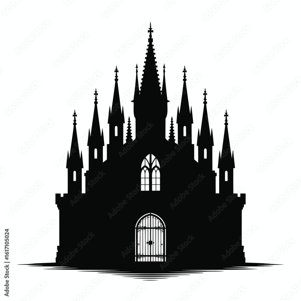 Fototapeta premium Gothic castle silhouette with pointed spires and arched gateway black white
